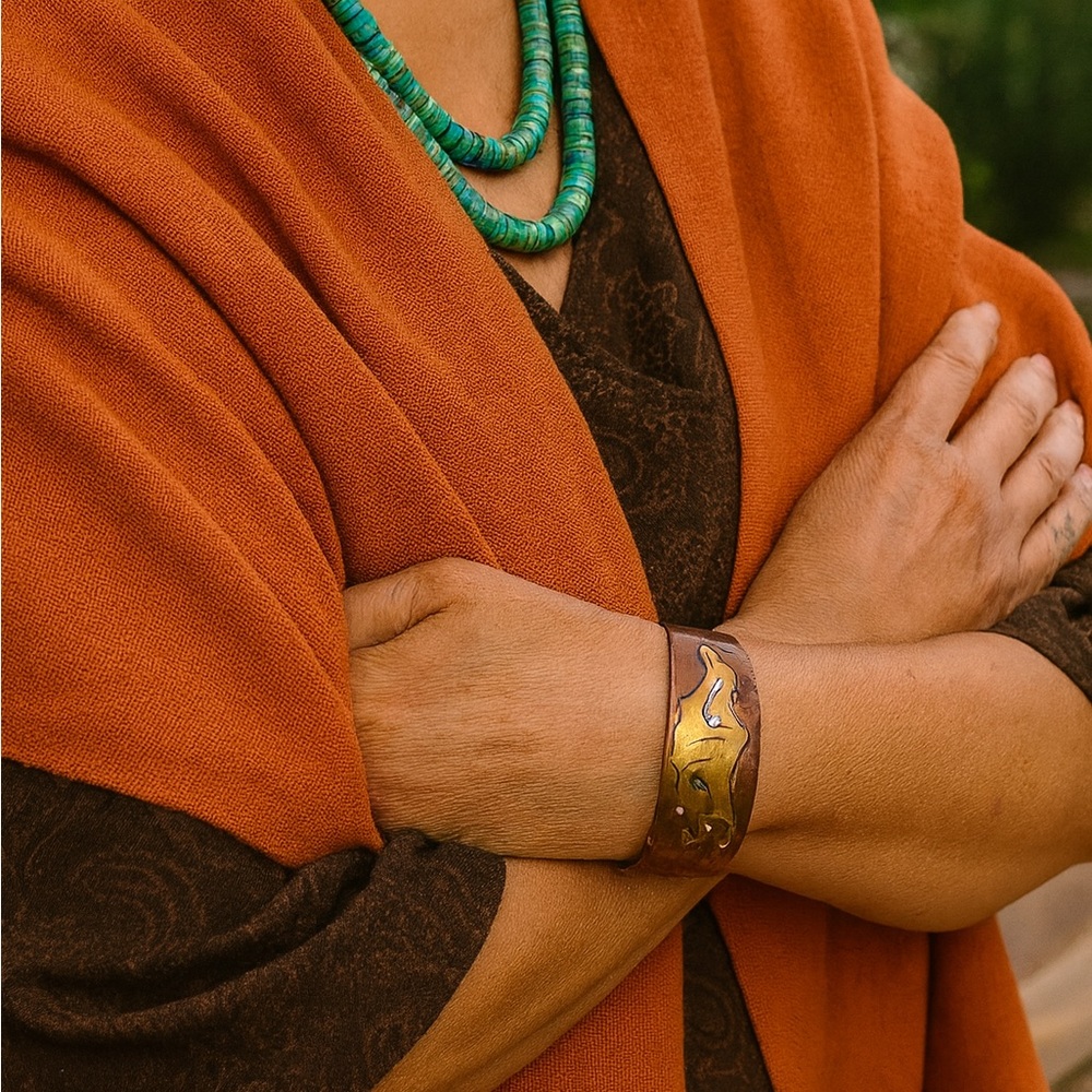 Copper base with a brass overlay with abalone/mother-of-pearl cuff bracelet!